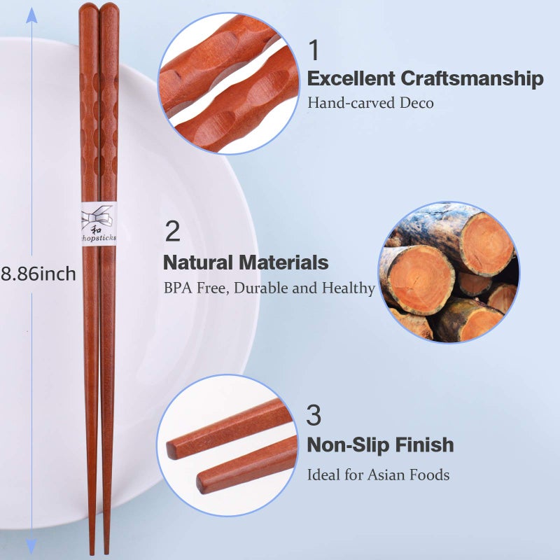 GLAMFIELDS Reusable Chopsticks Japanese Natural Wooden 5 Pairs Classic Style Lightweight Hand-Carved Safe Chop Sticks 8.8 Inch/22.5cm Gift Set - Image 3